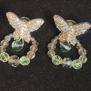 Swarovski Peridot Crystal Beaded Butterfly Earrings ~ Green & Silver-Tone